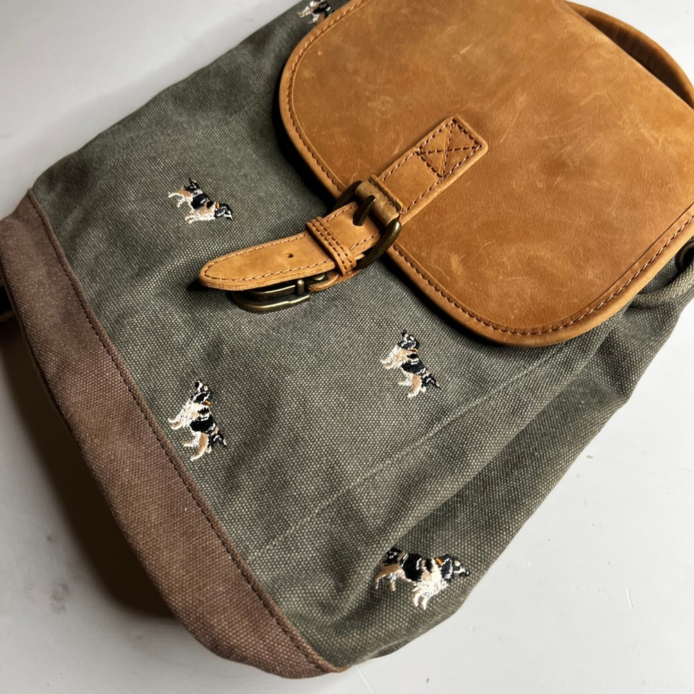 LL Bean Olive Canvas Dog Embroidered Rucksack Leather Flap Backpack Spaniel - Picture 8 of 8
